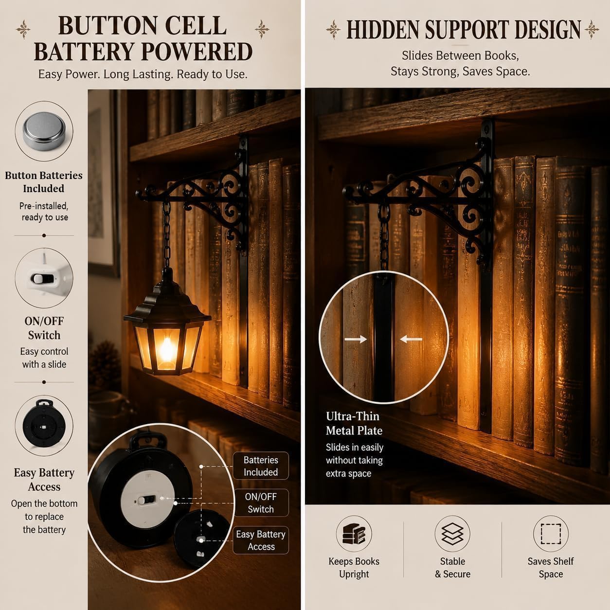 Detalle de ro hxizw bookshelf lamp, 3-Piece Iron Lantern Light with Warm LED Glow