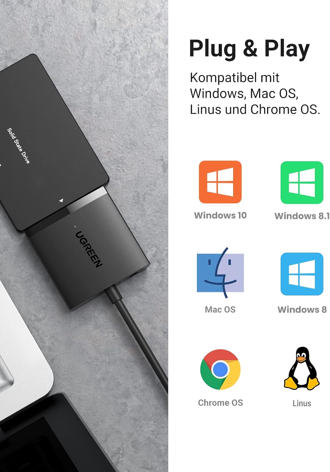 Thumbnail 6 de UGREEN SATA-Adapter USB 3.0 für externe 2,5" & 3,5" SATA-SSDs und HDDs (UASP, SATA III)