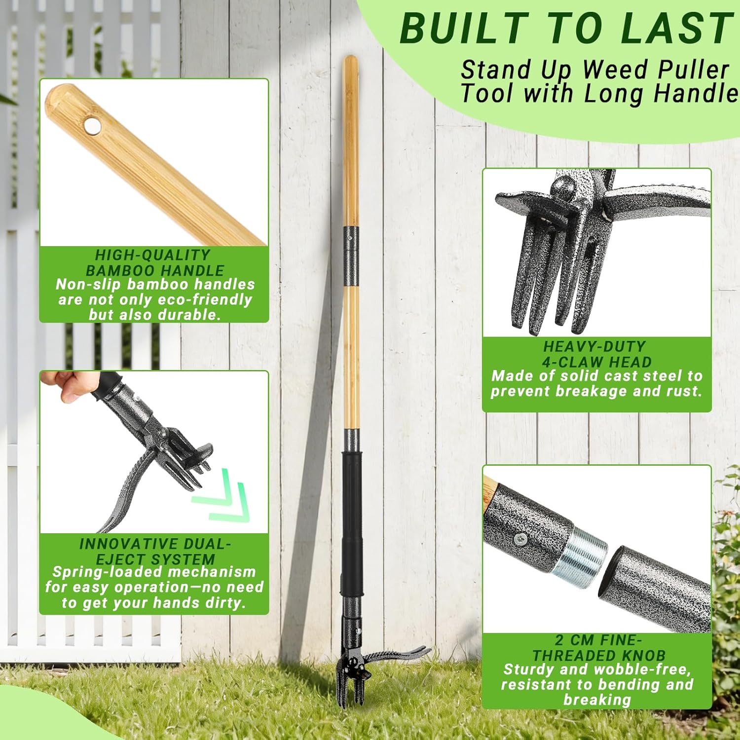 Detalle de Bamda Weed Puller Root Remover Tool (110.5cm) – Durable Bamboo Handle, 4-Claw Steel Head