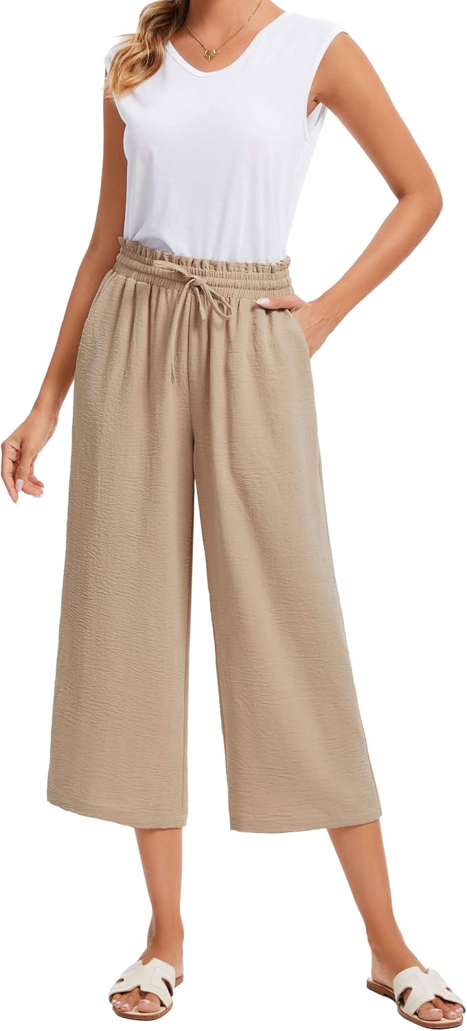 Thumbnail 4 de WUWUSKY Womens Capri Pant Wide Leg Trousers with Pocket — Elasticated High Waist Summer Linen-Feel Comfort