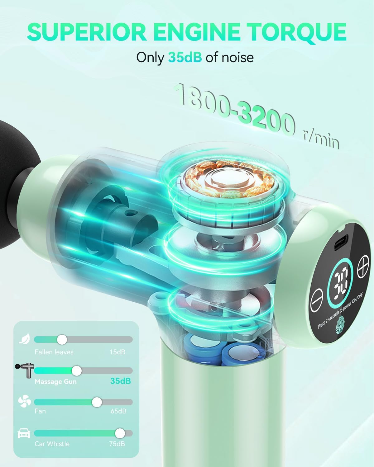 Detalle 2 de Lefity Mini pistolet massage : massage profond portable à 30 vitesses, LCD et 4 têtes