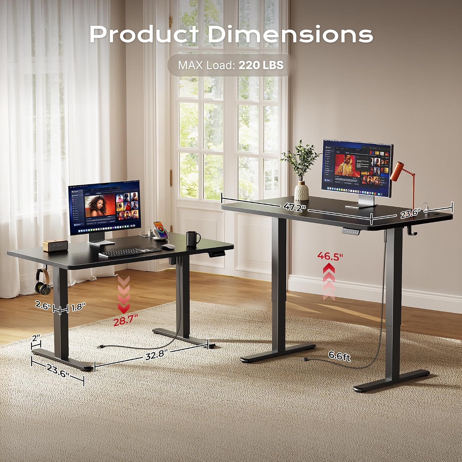 Detalle de Huuger 47.2-Inch Electric Standing Desk with USB-C and 3 Presets, Black