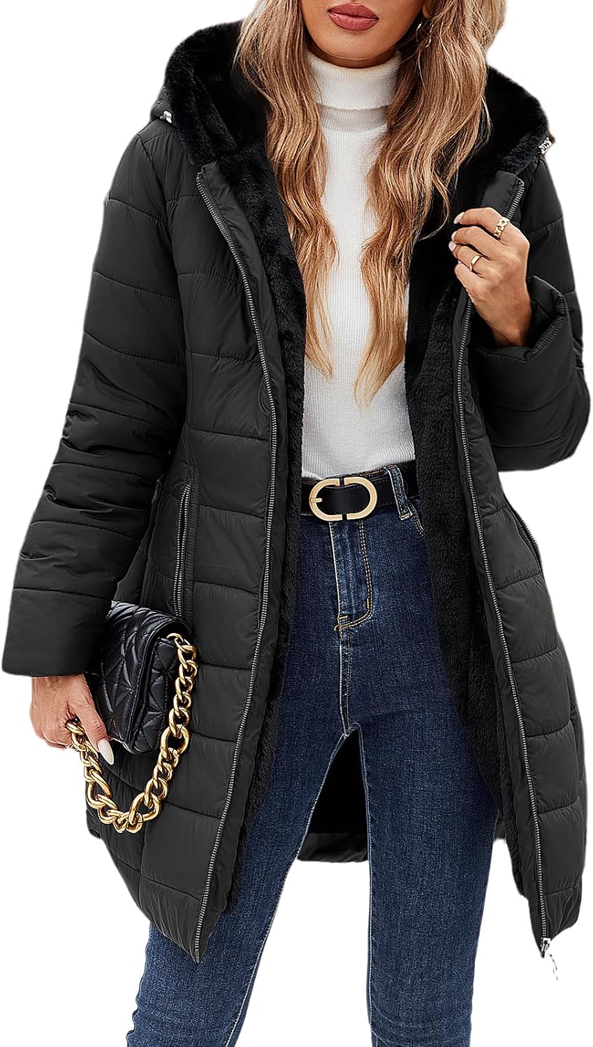 Detalle de VXVGER Women's Long Fleece-Lined Hooded Coat, Wind-Resistant with Pockets