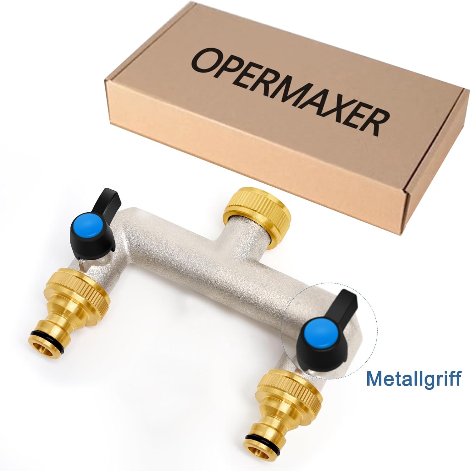 Thumbnail 5 de OPERMAXER 2-Wege Wasserhahn Wasserverteiler aus Messing für 2 Geräte/Gartenschläuche (3/4" auf 1/2" Adapter, Kugelhähne)