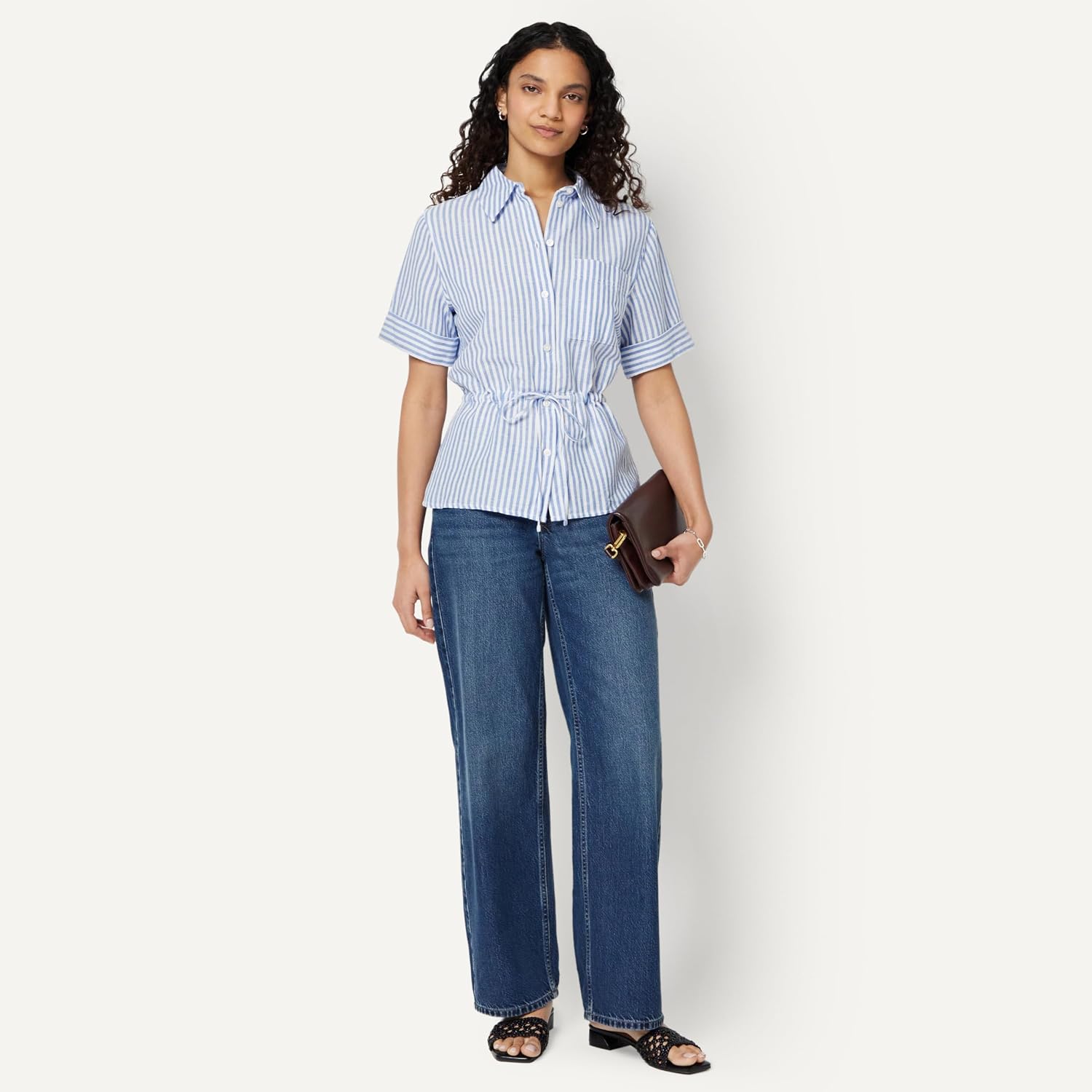 Detalle de Amazon Essentials Damen Leinen-Bluse mit Verstellbarem Tailleband