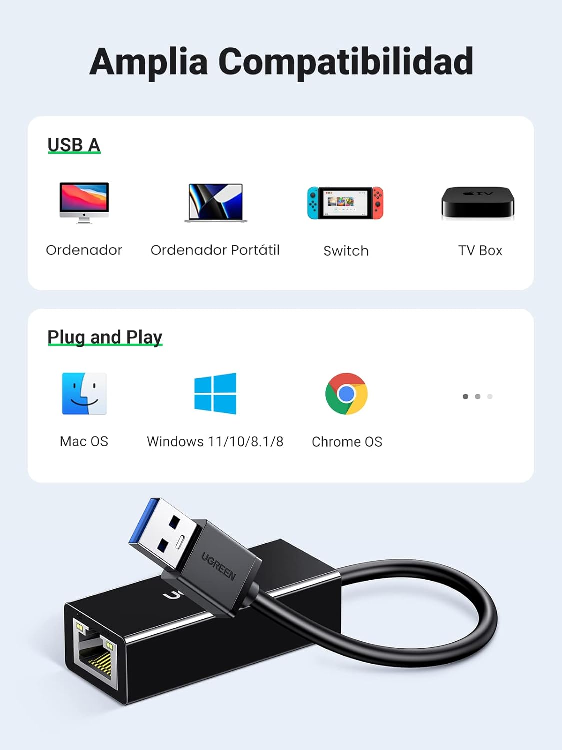 Detalle 1 de UGREEN Adaptador USB 3.0 a Ethernet 1000Mbps 🌐 Conexión Rápida