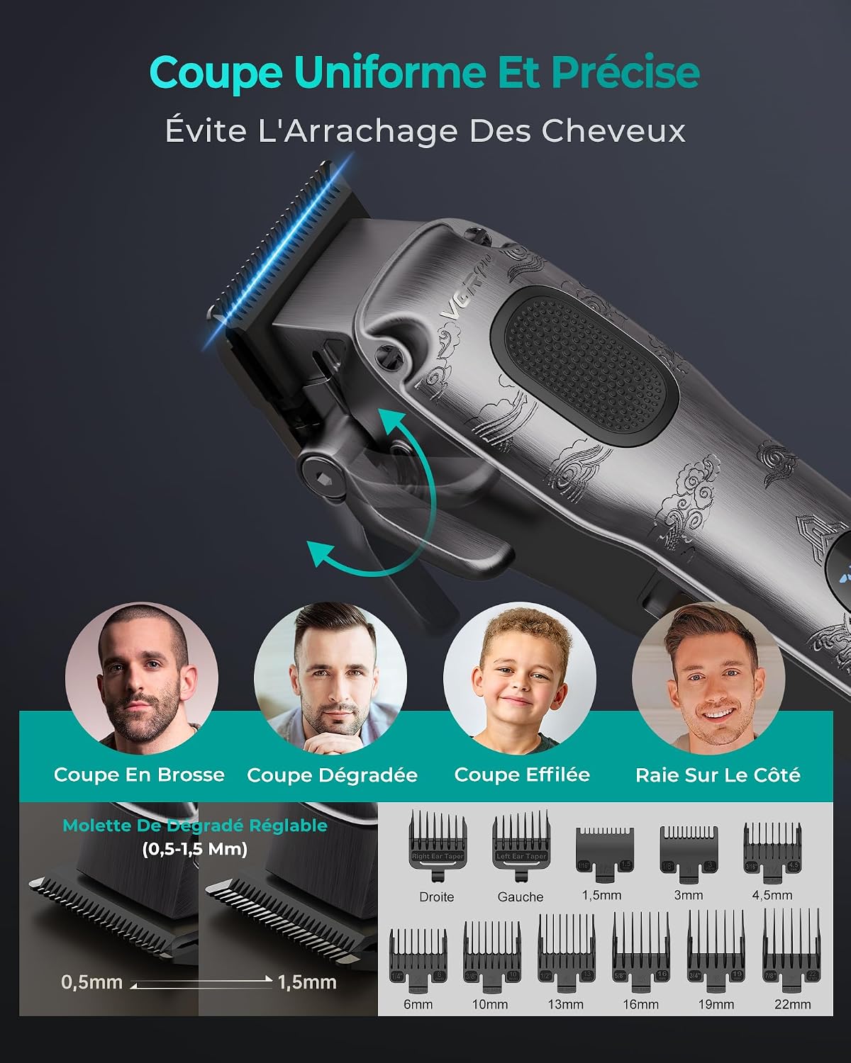 Detalle 2 de VGRPRO Tondeuse Cheveux Hommes Professionnel — Sans Fil, Étui et Kit Complet (Gris)