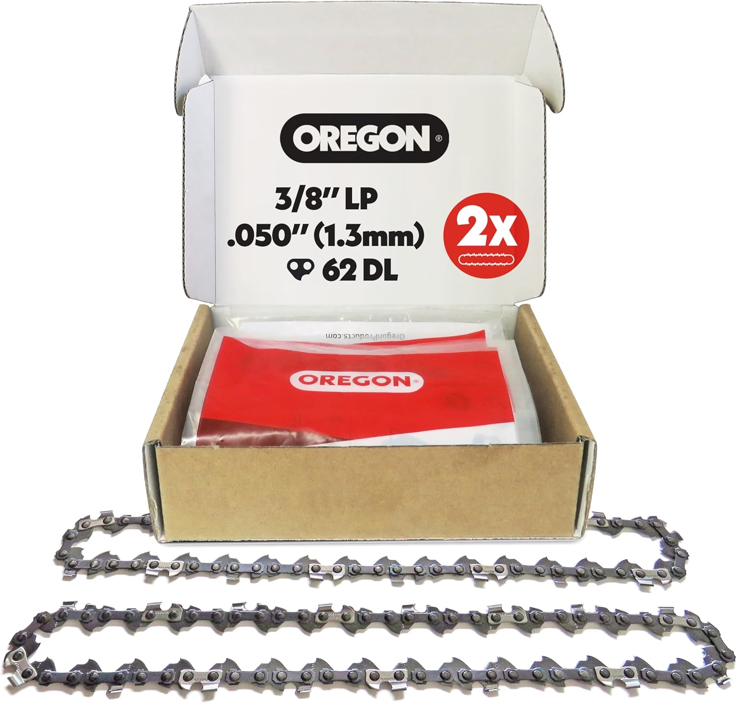 Oregon 2er-Pack Sägekette 3/8 LP, 1,3 mm (0,50 Zoll) – für 18 Zoll/45 cm Schienen, 62 Treibglieder (Ersatz für Husqvarna, u. a.)