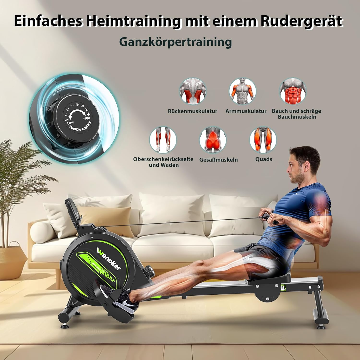 Thumbnail 4 de WENOKER magnetisches Rudergerät für Zuhause – leise unter 30 dB, 16 Widerstandsstufen, Kinomap-App