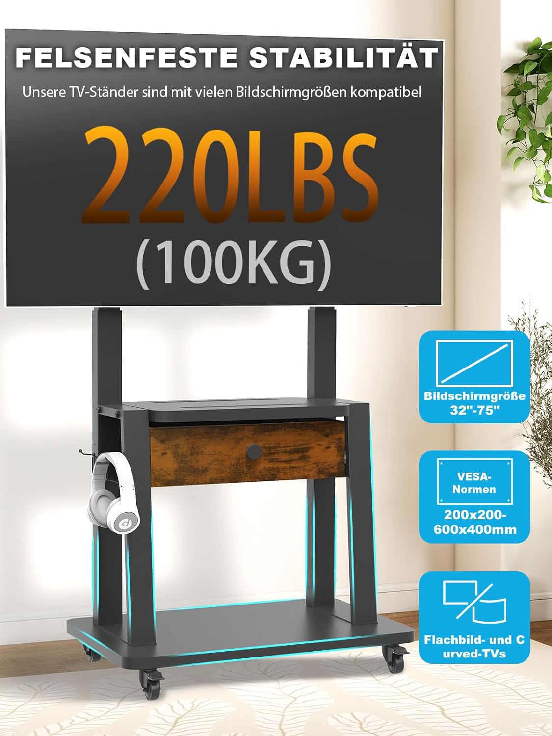 Detalle de Rollbarer TV-Ständer mit Stoffschublade für 32–75 Zoll - höhenverstellbar, rollbar und kompatibel mit VESA bis 600 × 400 mm