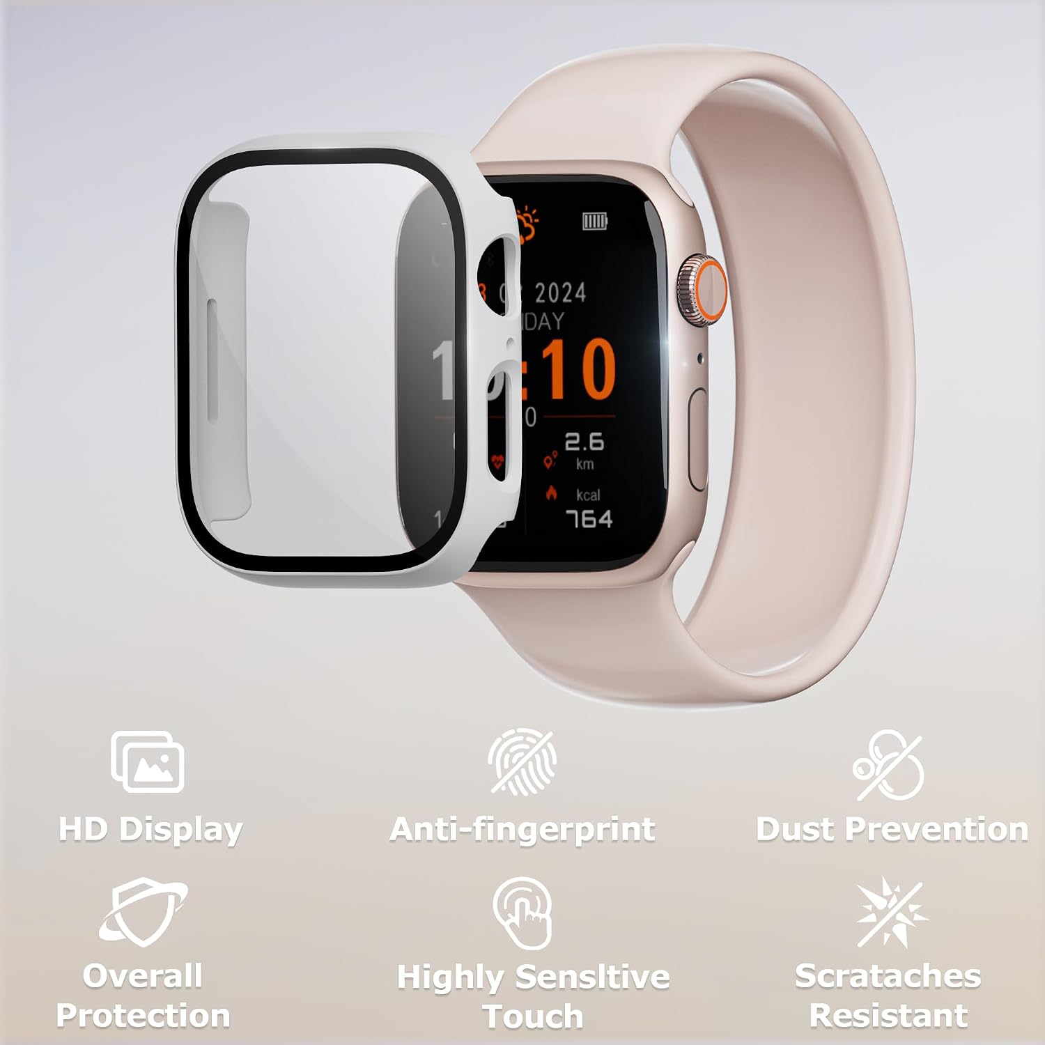 Detalle de LINTEKER 2 Pack Hard Case with 9H Tempered Glass Screen Protectors for Apple Watch 45mm (Series 9/8/7) – White