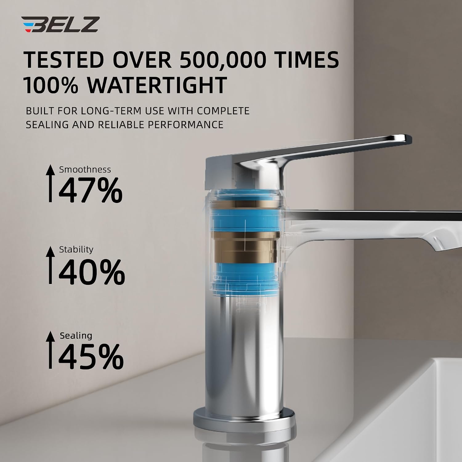 Detalle de BELZ Modern Basin Mixer Tap (Single Lever) – Chrome brass bathroom faucet with hot & cold mixer