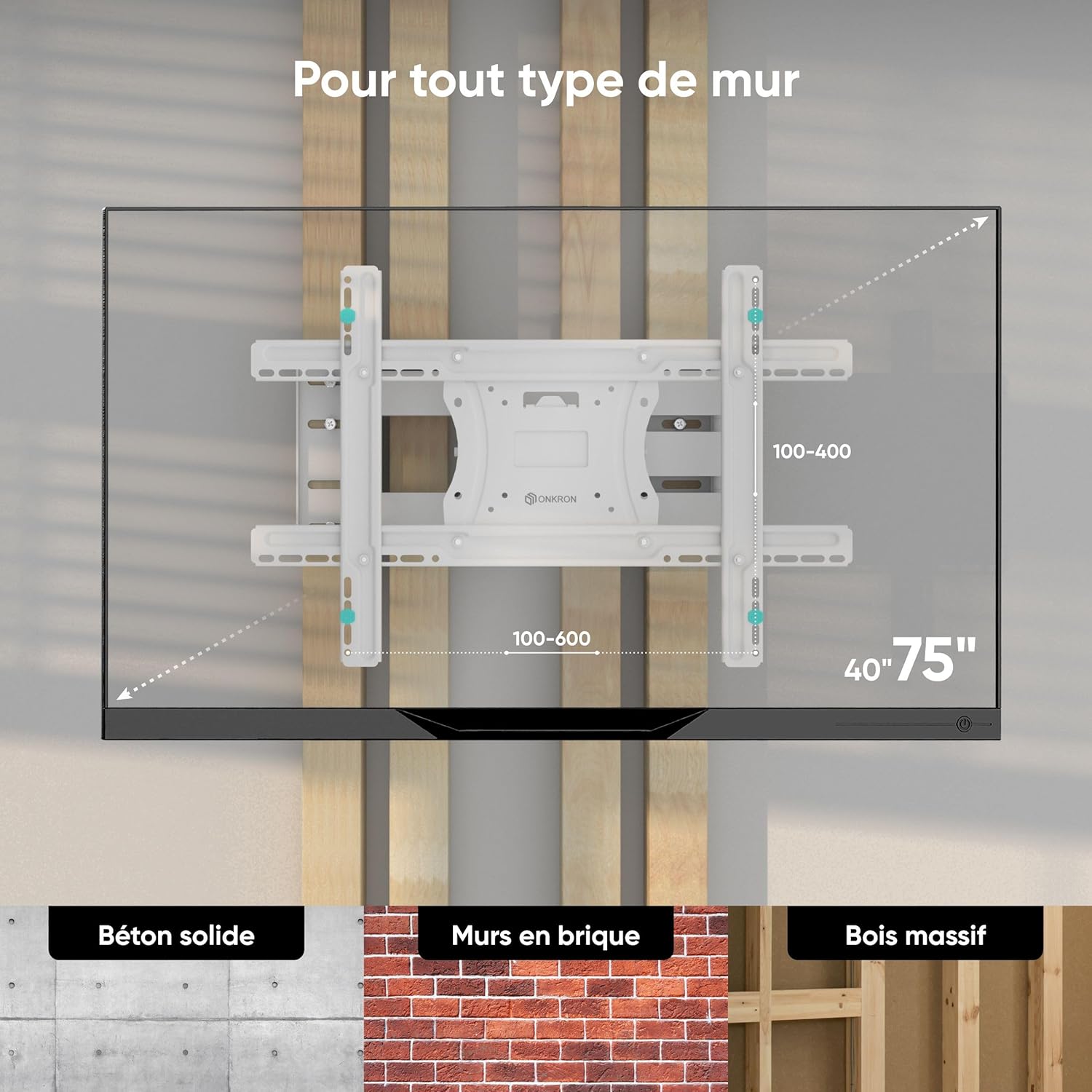 Thumbnail 3 de Support mural TV ONKRON M7L-W orientable et inclinable (40 à 75 pouces) VESA 100x100-600x400