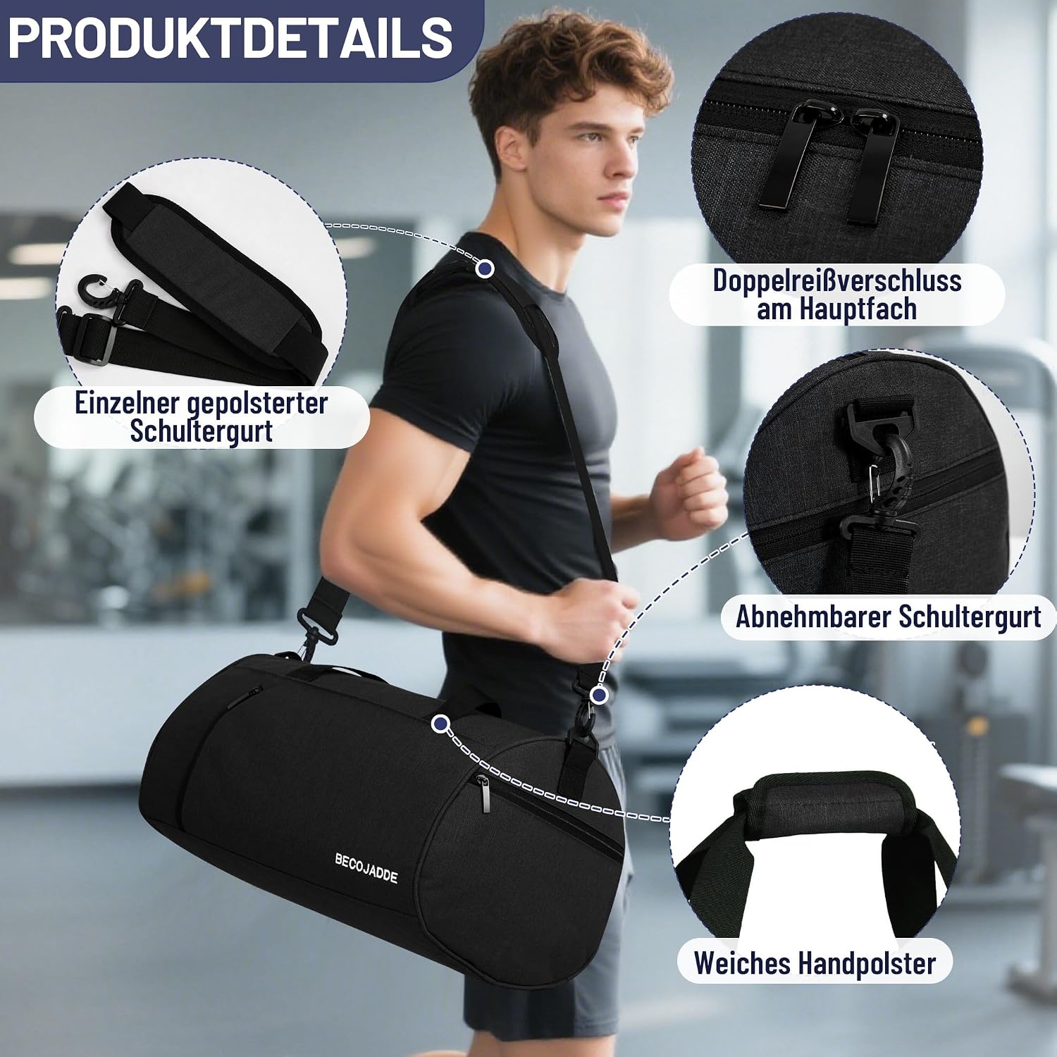 Detalle de BECOJADDE Sporttasche 25L – wasserdichte Nass- und Schuhfach-Duffel für Fitness, Reisen und Schwimmen (Schwarz)