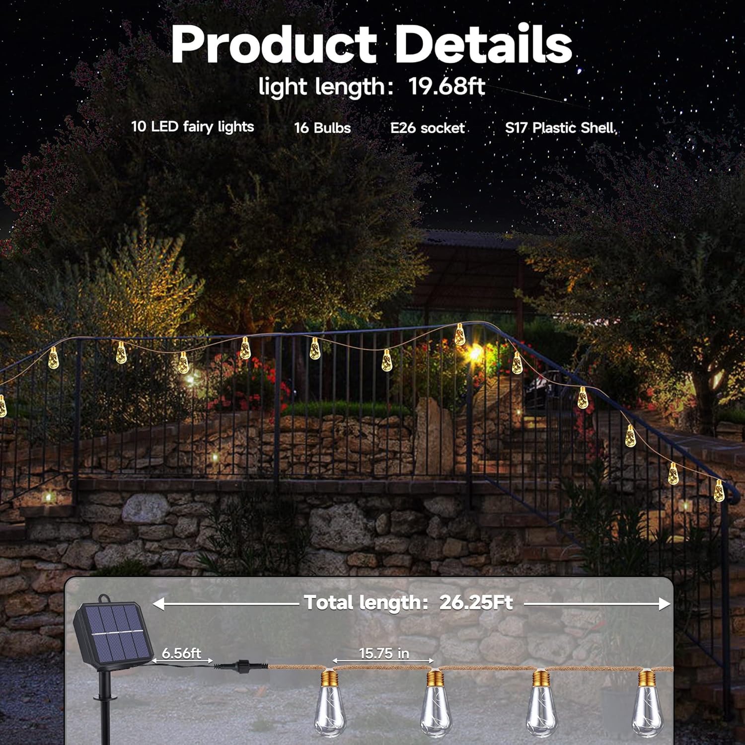 Thumbnail 2 de Geemoo Solar Outdoor Hemp Rope String Lights (8m, 160 LED, IP65) – warm white