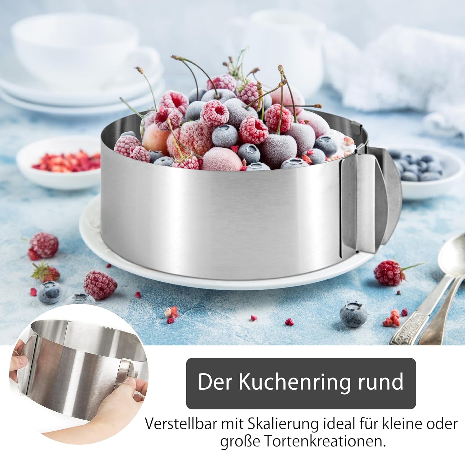 Detalle 2 de WOKICOR Verstellbarer Tortenring 16–30 cm, 8,5 cm Hoch, Rostfreier Edelstahl – Stabiler Backrahmen für Schichttorten