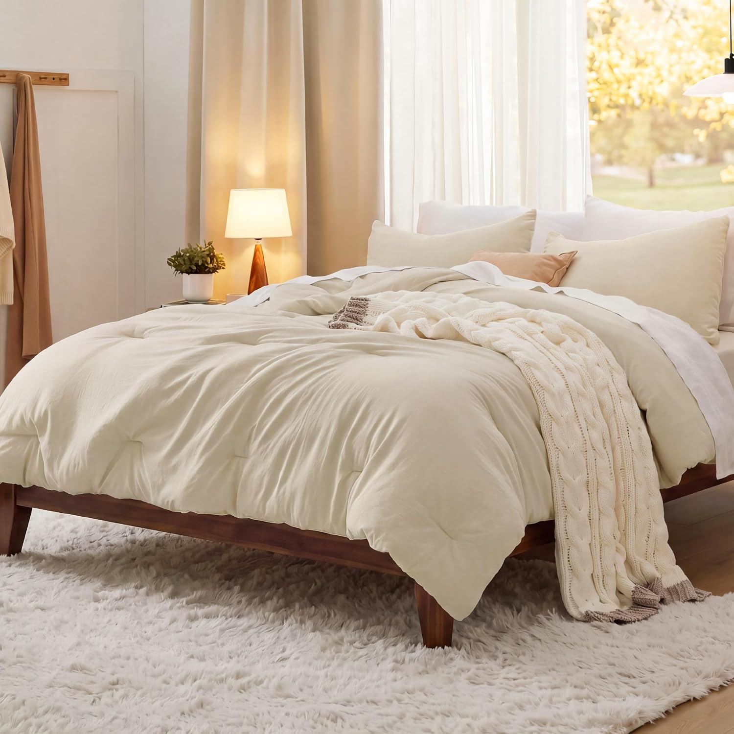 Detalle de Bedsure BB349B2 Queen Comforter Set, Cream, 3-Piece Prewashed Polyester