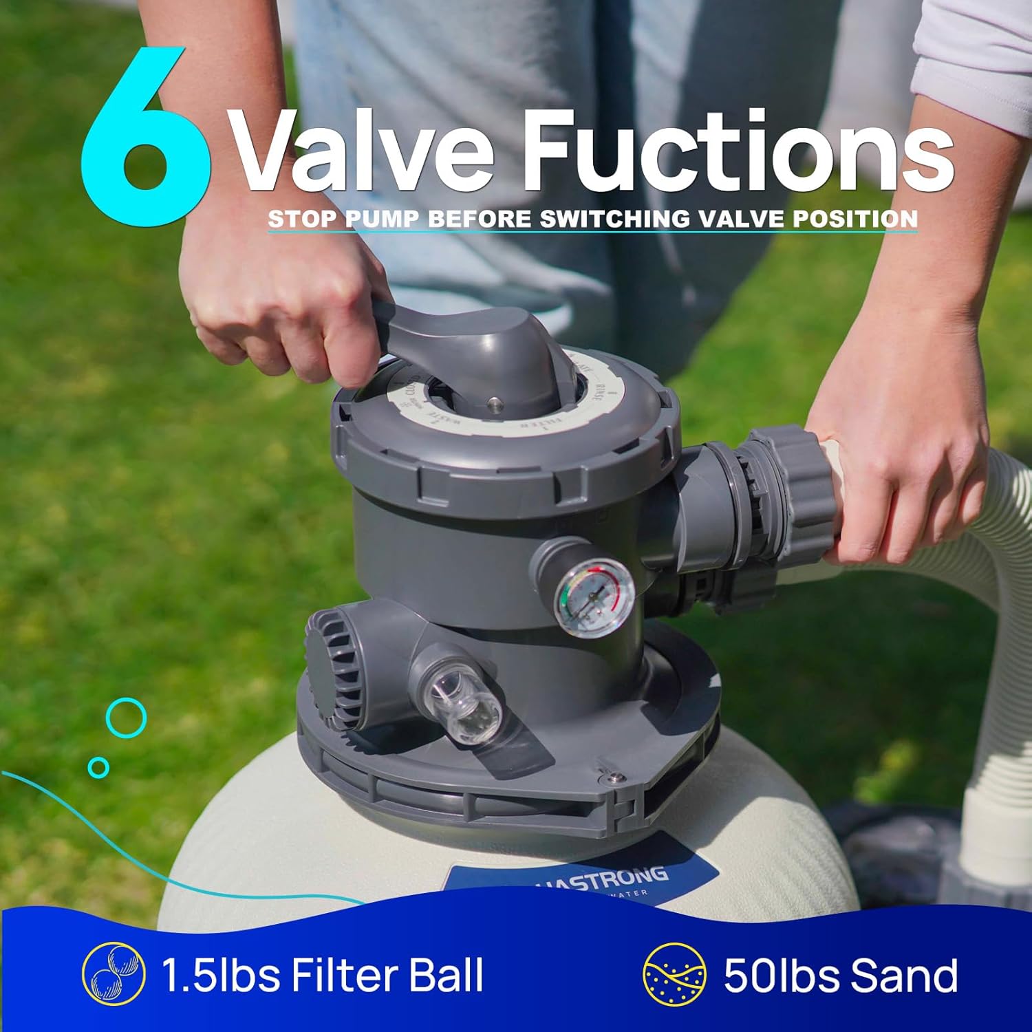 Detalle de AQUASTRONG Sand Filter Pump for Above Ground Pool (Timer, 6-Way Valve) up to 9,000 Gallons