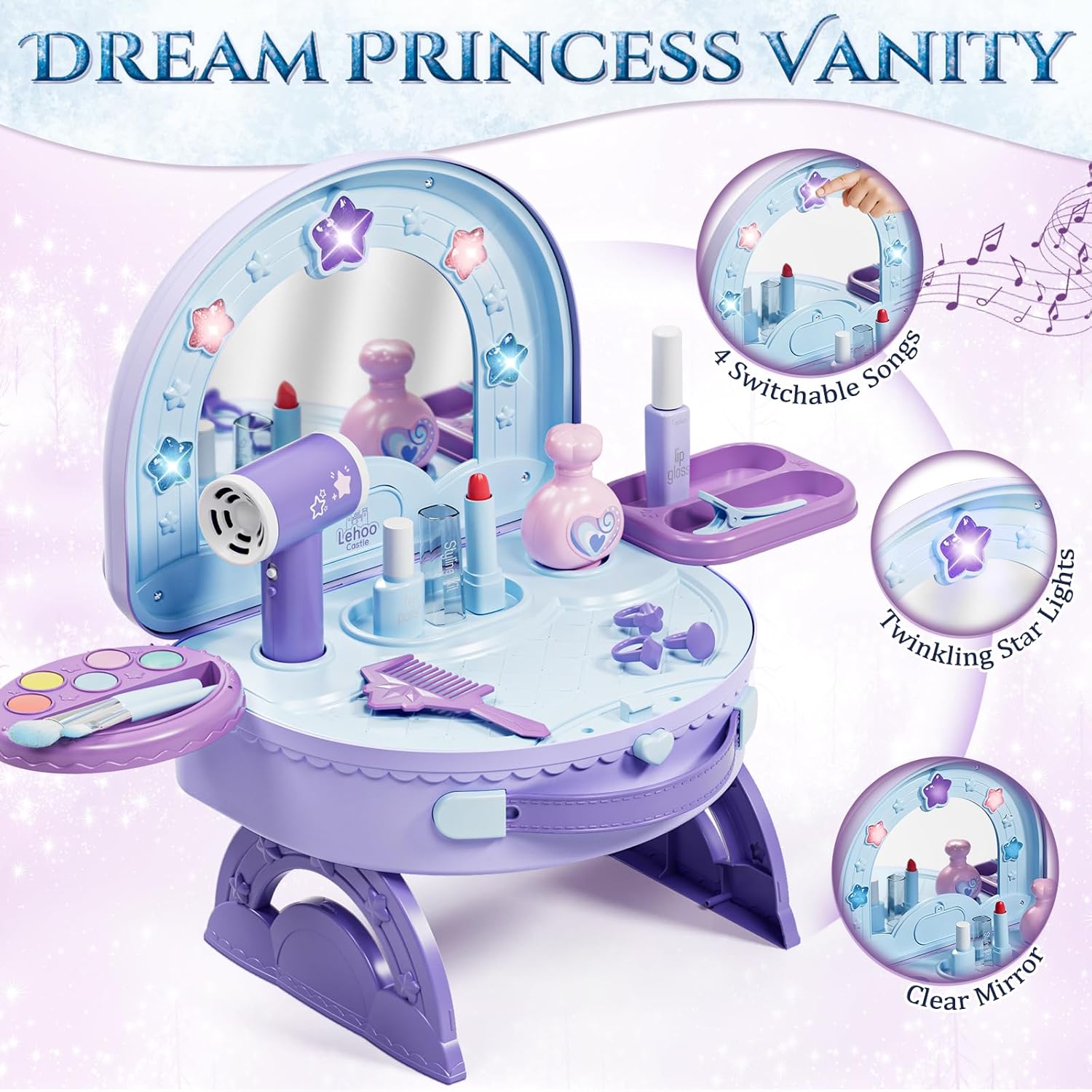 Detalle de Lehoo Castle Kids Vanity: 2-in-1 Portable Dressing Table with Pretend Makeup Set for 3–5 Year Old Girls
