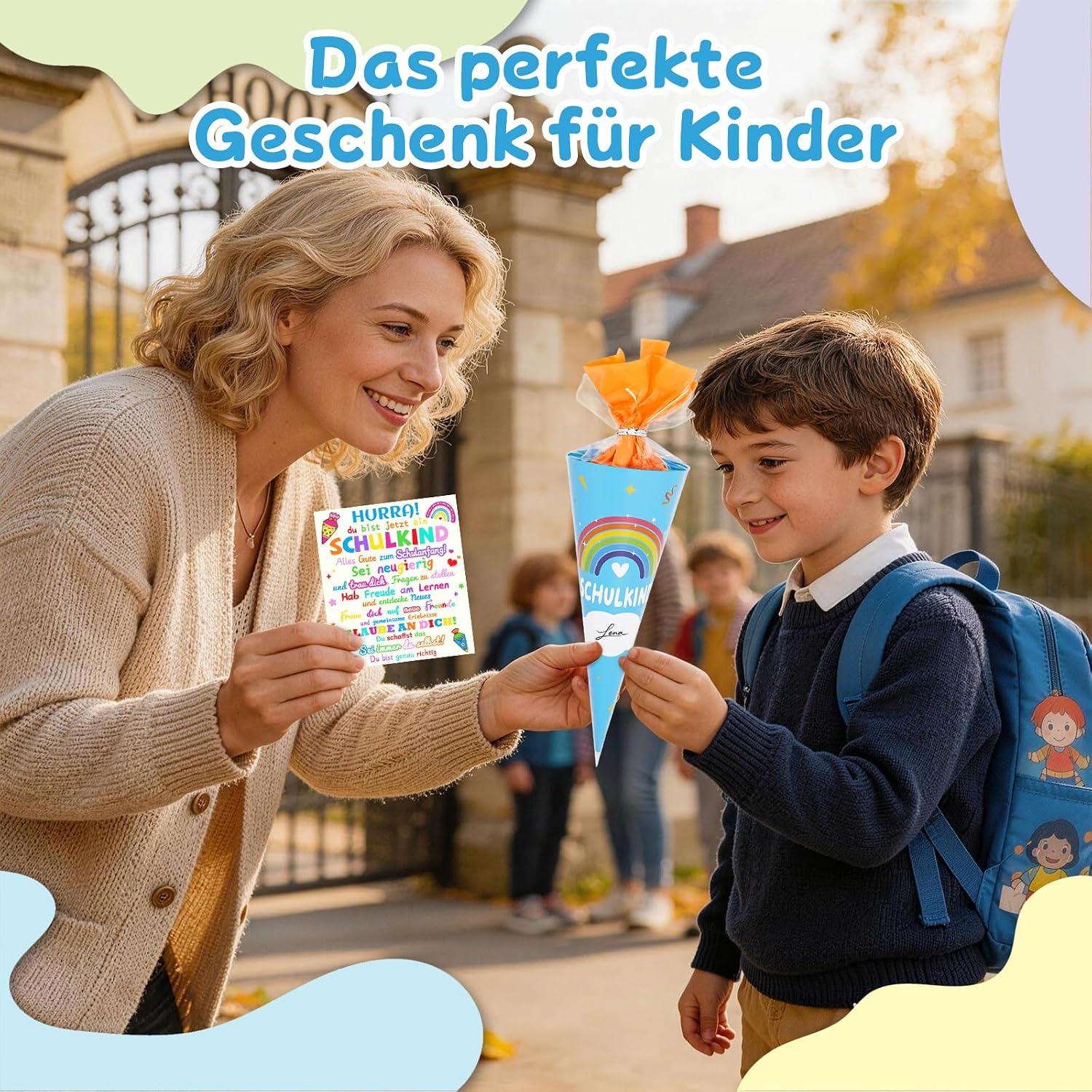 Detalle de WAMIOKAGRO 10er-Set Kleine Schultüten – Mutkarten & Bastelset für Einschulung
