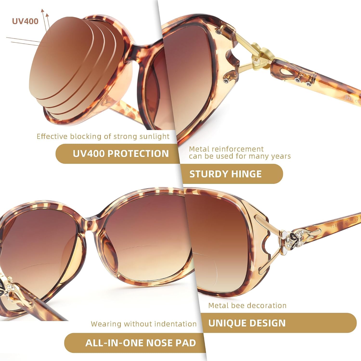 Detalle de JM Classic Bifocal Reading Sunglasses for Women – Vintage Oval Outdoor Readers