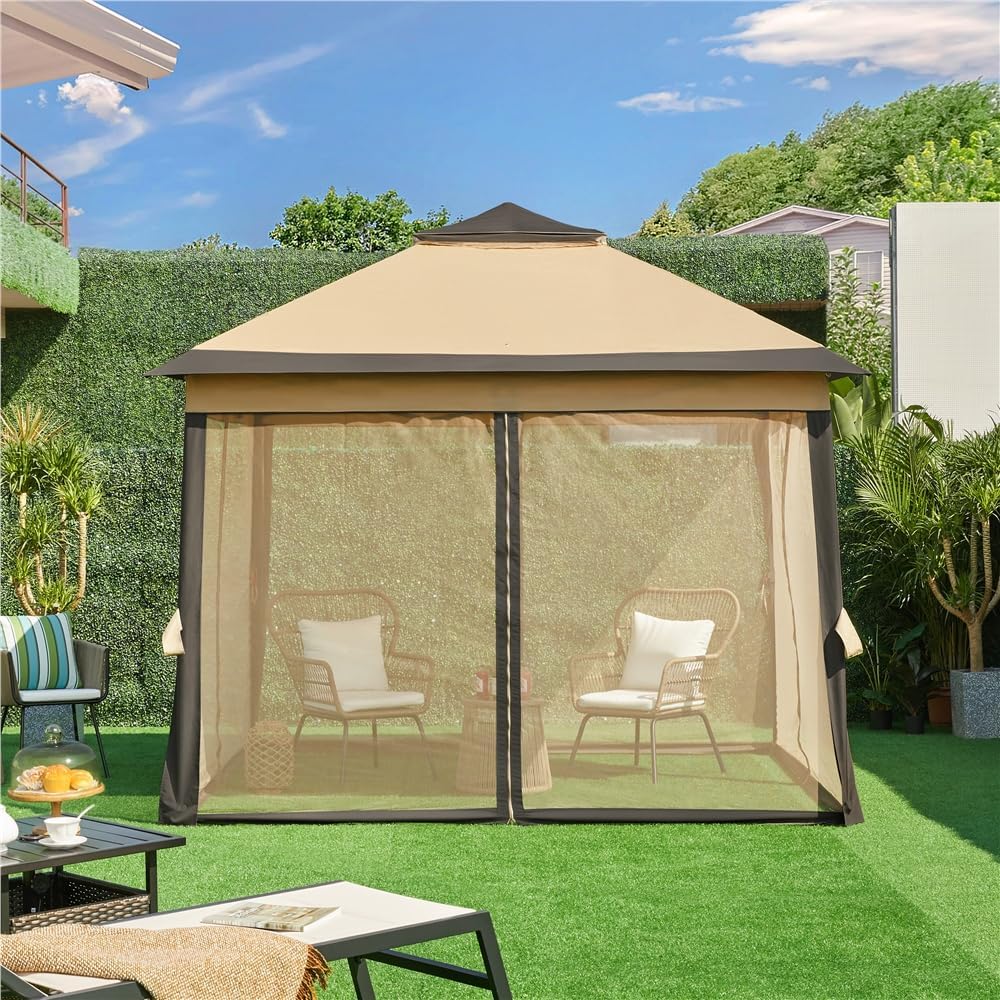Thumbnail 3 de Yaheetech Gazebo da Giardino 330x330x271-291 cm: struttura robusta, doppio tetto e pareti in rete, colore kaki
