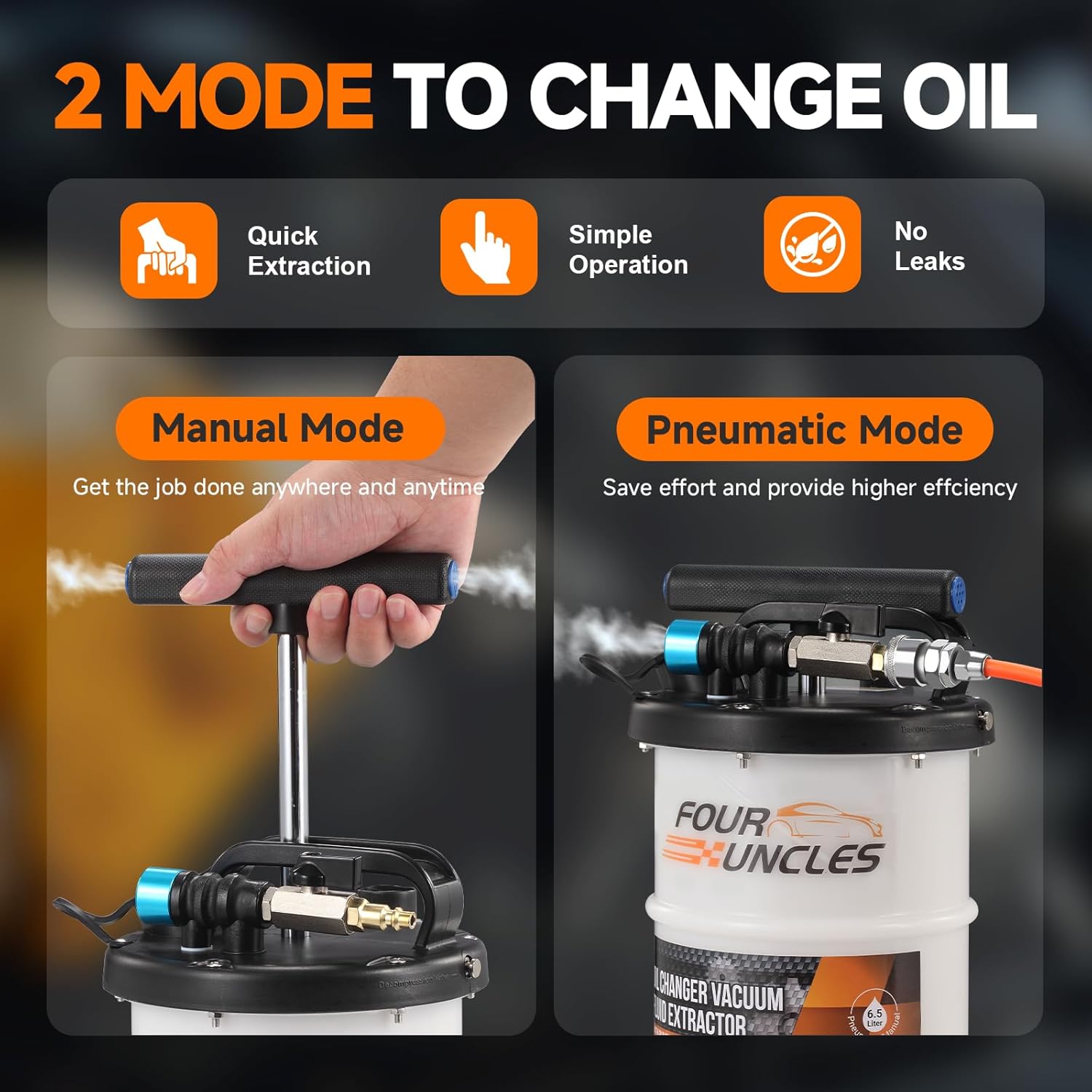 Detalle 2 de FOUR UNCLES Oil Extractor Vacuum Fluid Extractor with Pump Tank, Remover & Tubes for Oil Changes and Brake Bleeding