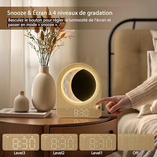 Thumbnail 6 de blonbar Lampe lune avec réveil à lumière du jour – lampe de chevet avec 2 réveils, 10 sons naturels et veilleuse nocturne