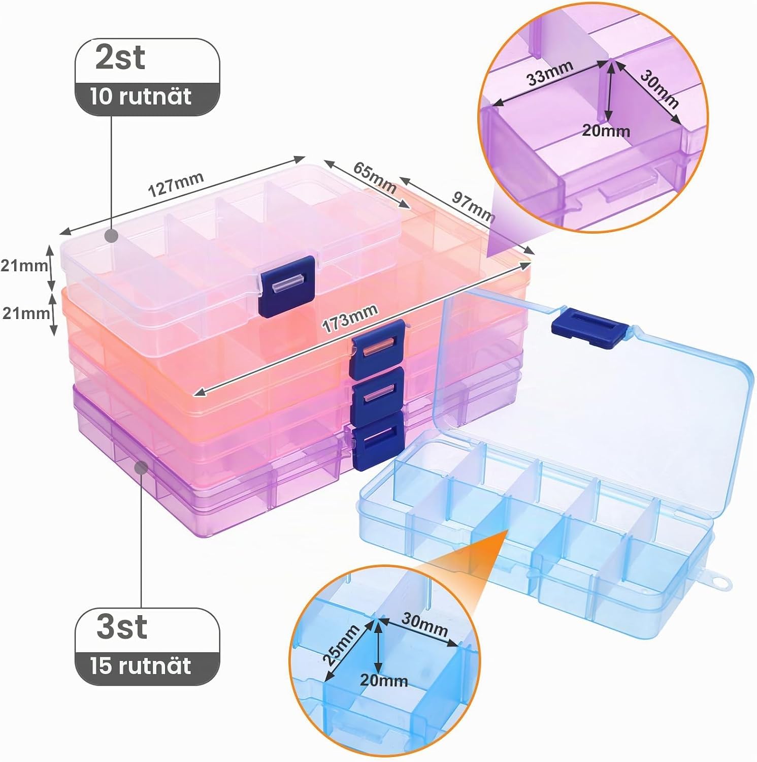 Detalle de Naler NL-EU-071 förvaringsaskar i plast, 10/15 fack, 5-pack