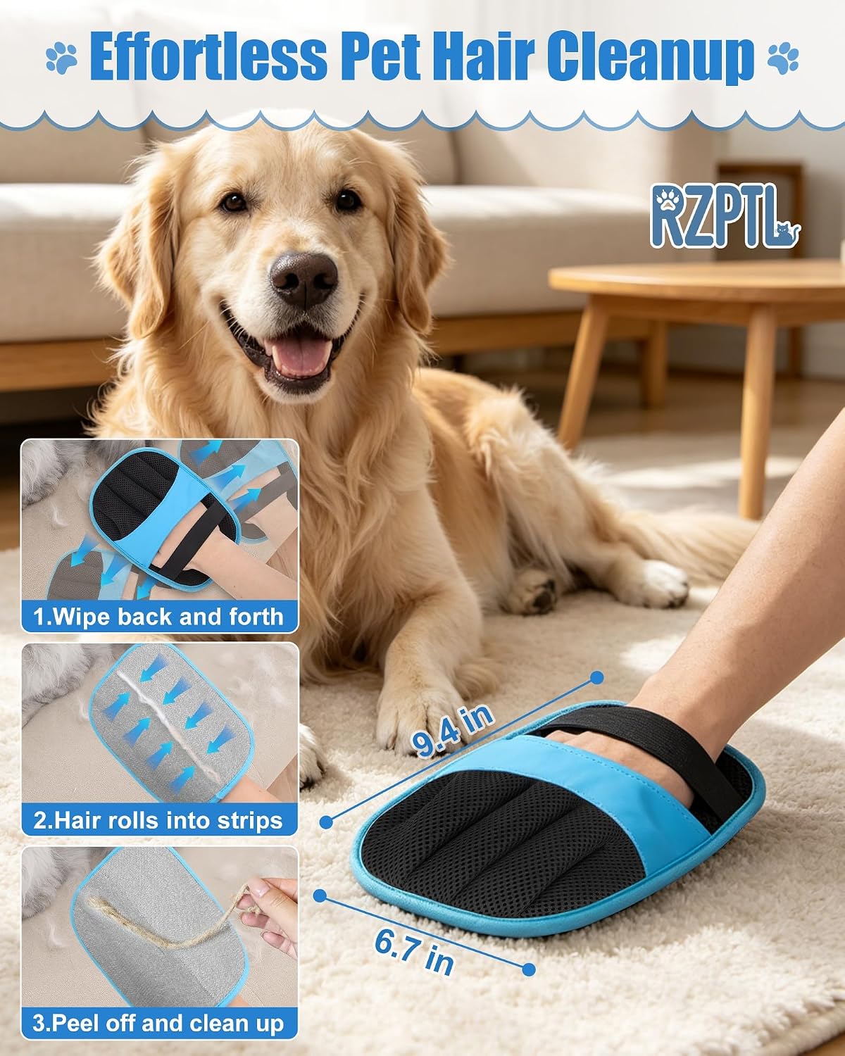 Detalle de RZPTL Pet Hair Removal Glove: 2-Pack Five-Finger Electrostatic Grooming Mitts for Dogs and Cats