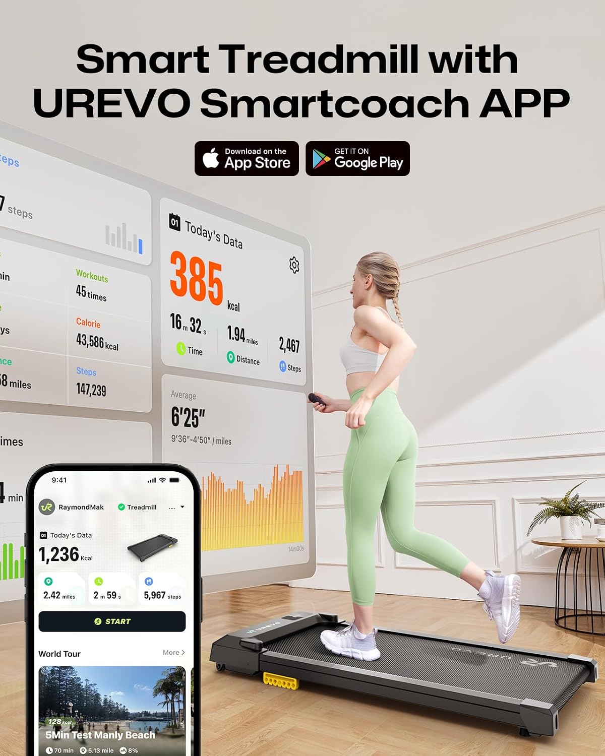 Detalle 2 de UREVO URTM025 SpaceWalk E1L Under-Desk Walking Pad, 2.5 HP, App & 5-Layer Belt
