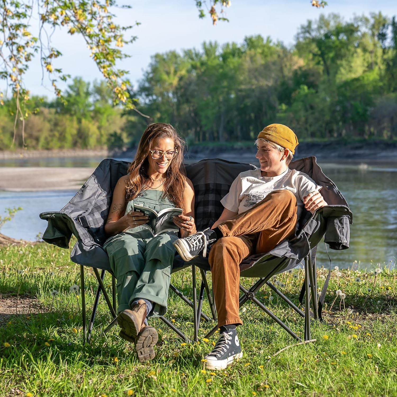 Thumbnail 1 de Huskfirm Double Camping Chair Padded 2-Person Camping Loveseat with Cup Holders (Grey)