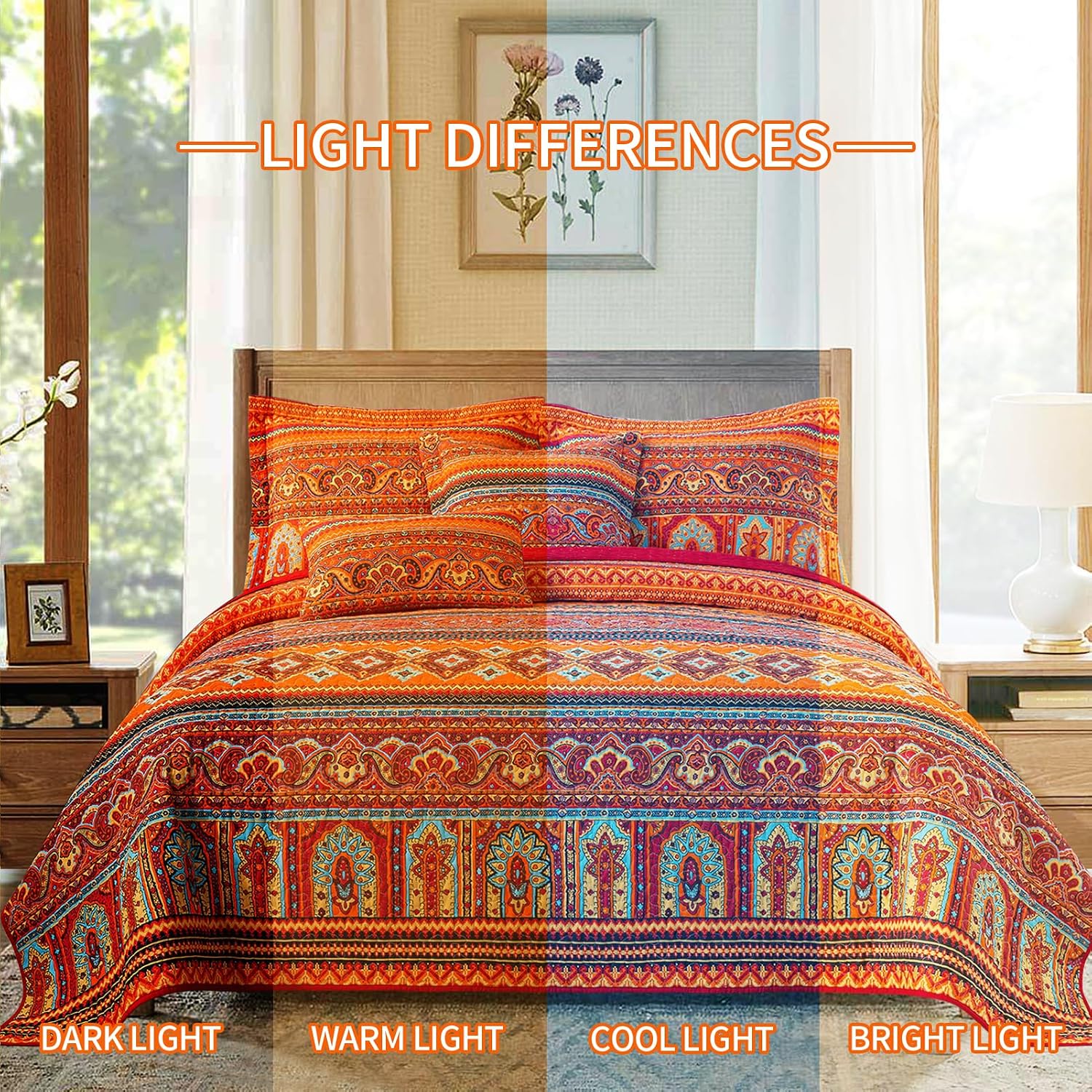 Detalle de BEDIFANY Cotton Quilts Queen Size Set (3-Piece) — Lightweight Boho Stripe Quilt with 2 Pillow Shams