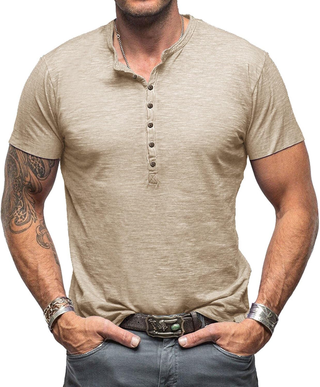 Detalle 2 de Henley Shirt Herren Kurzarm – Vintage Slim Fit mit 8er Knopfleiste