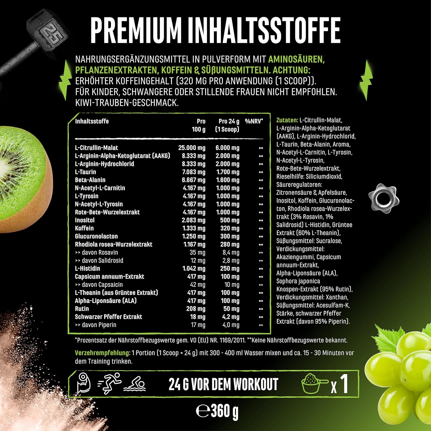 Detalle de Push it to the Limit Pre Workout mit L-Arginin, Citrullin & Koffein – 360 g (Kiwi-Grape)