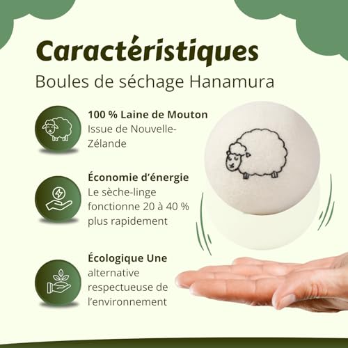 Detalle de Hanamura 6 XXL Boules de lavage et séchage en laine néo-zélandaise – rangement coton inclus