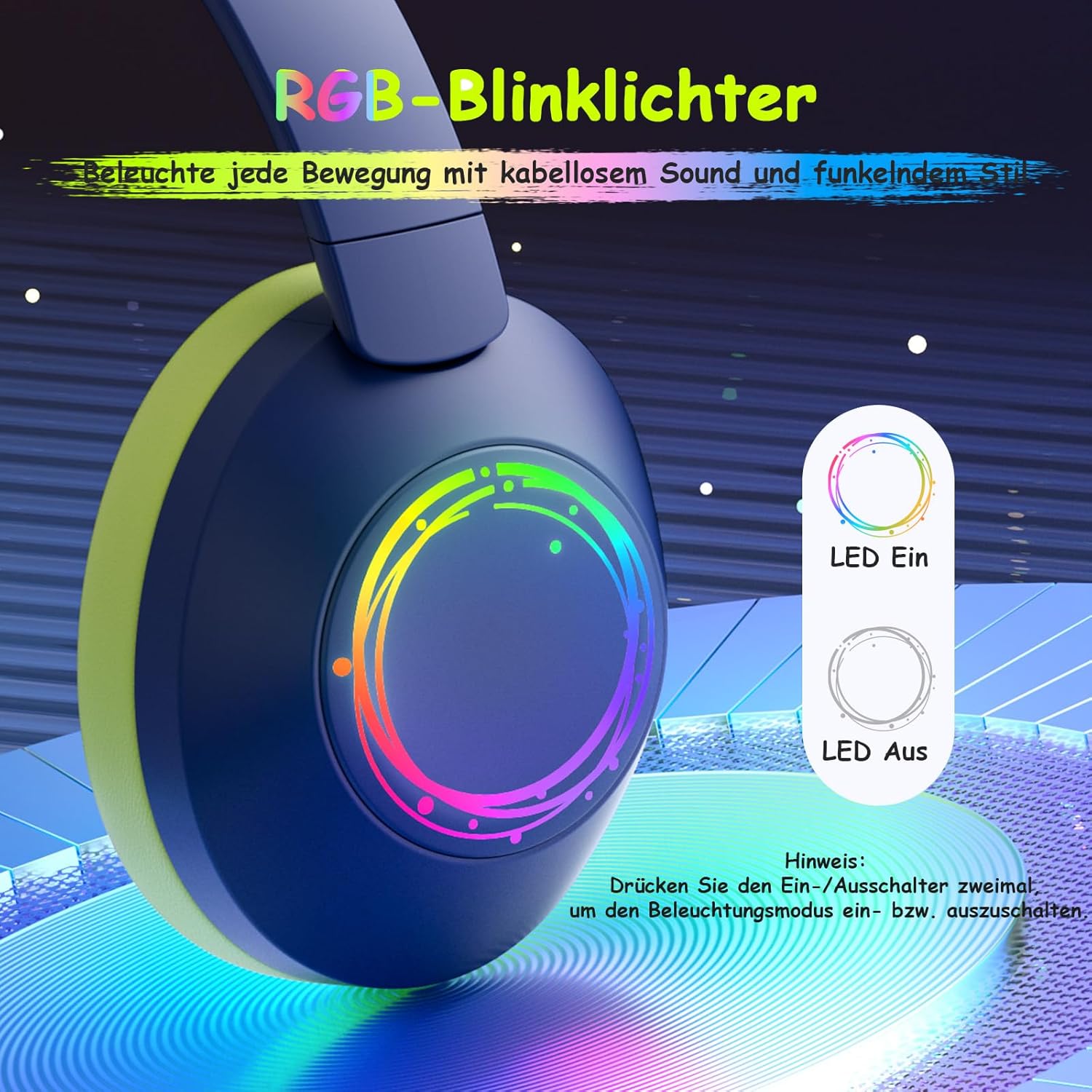 Detalle de TONOSHARK Noise Cancelling Kopfhörer für Kinder – Bluetooth, RGB LED, 60h Akku, Blau