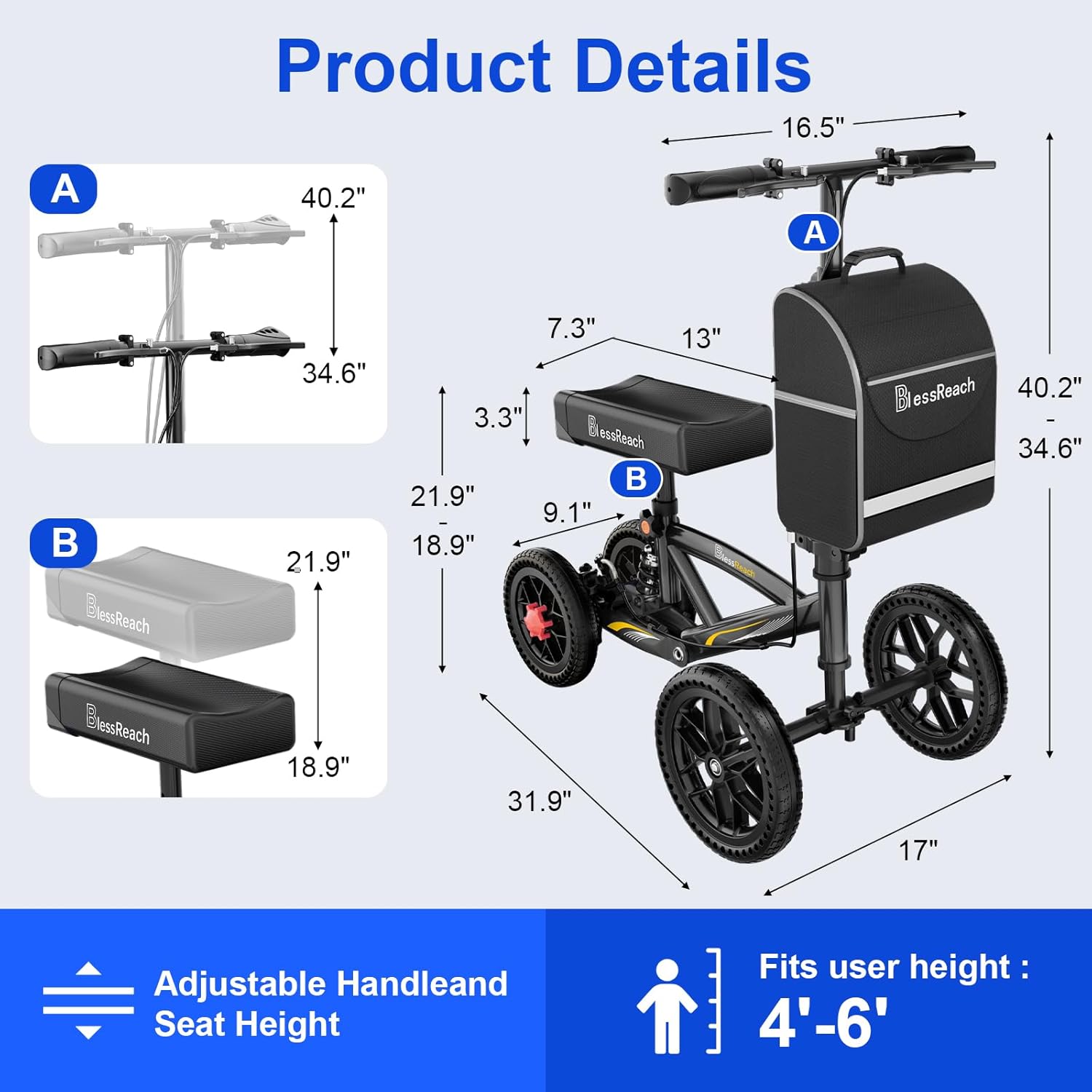Detalle 2 de BlessReach 350 Lbs Foldable All Terrain Knee Scooter