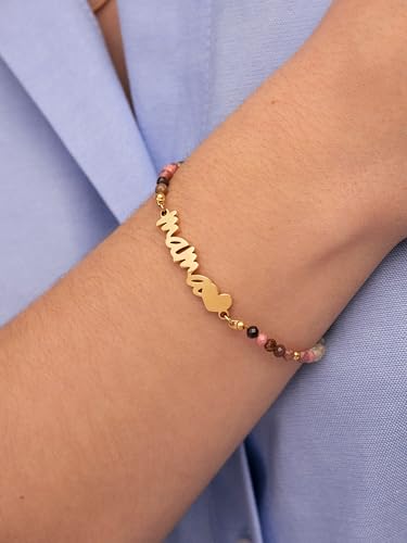 Detalle 2 de SINGULARU Pulsera Mamá Heart Tourmaline: acero con baño 18K y piedras naturales
