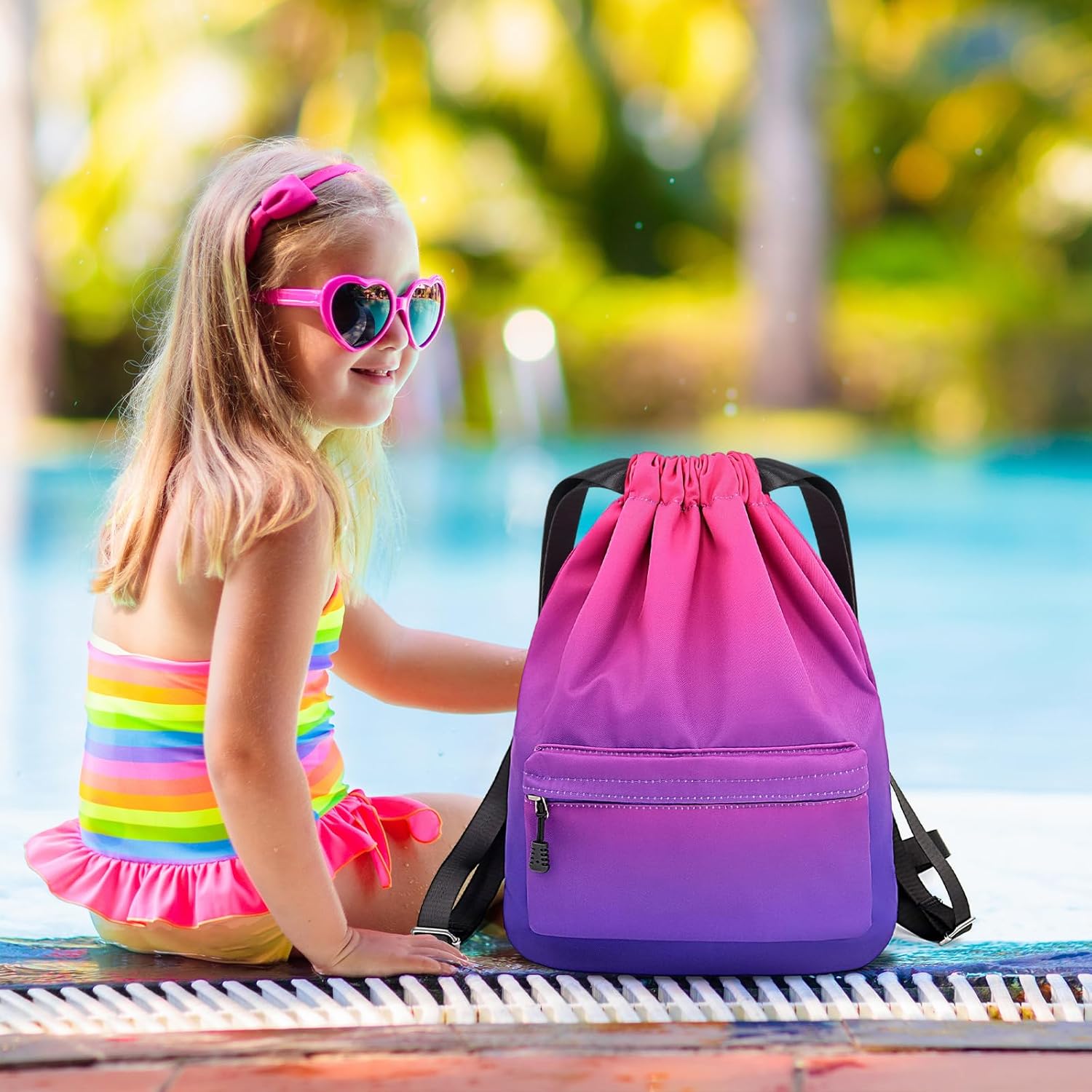 Detalle de WenYa Swimming Backpack with Wide Straps – Durable Drawstring Waterproof Bag for Girls, Kids Sports, Gym and Yoga
