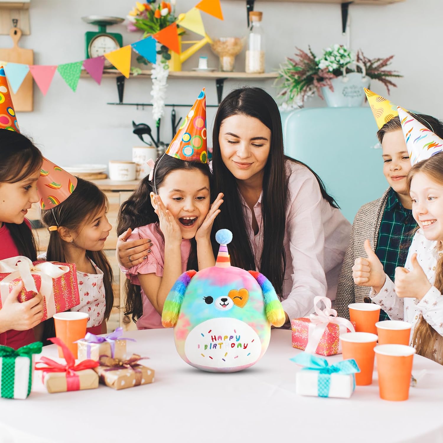 Detalle de SQEQE Happy Birthday Rainbow Dog plush 25 cm