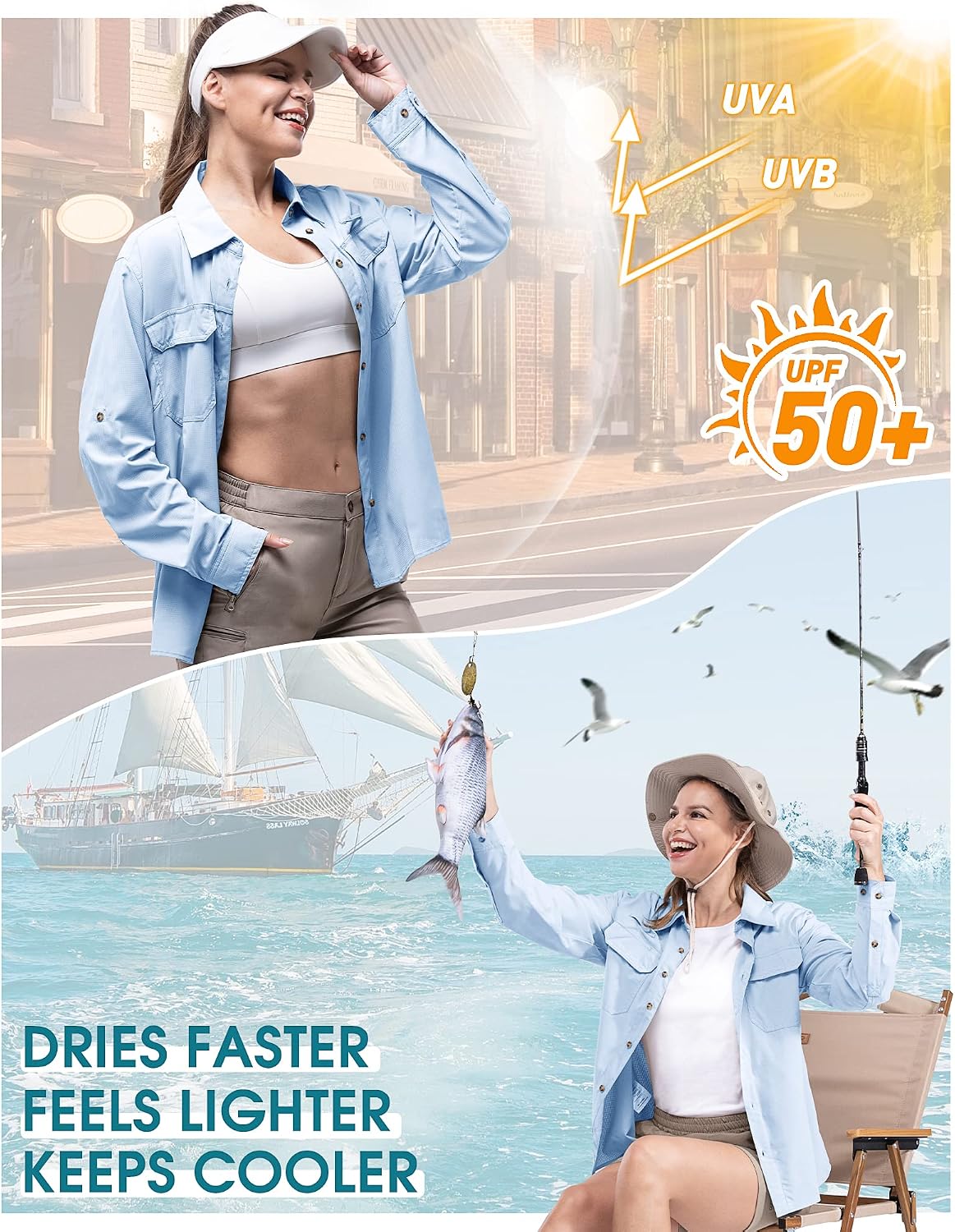 Detalle 2 de 33,000ft Damen Outdoorhemd UPF50+ mit Schnell-Trocknung – Langarm Funktionshemd für Angeln, Wandern & Reisen