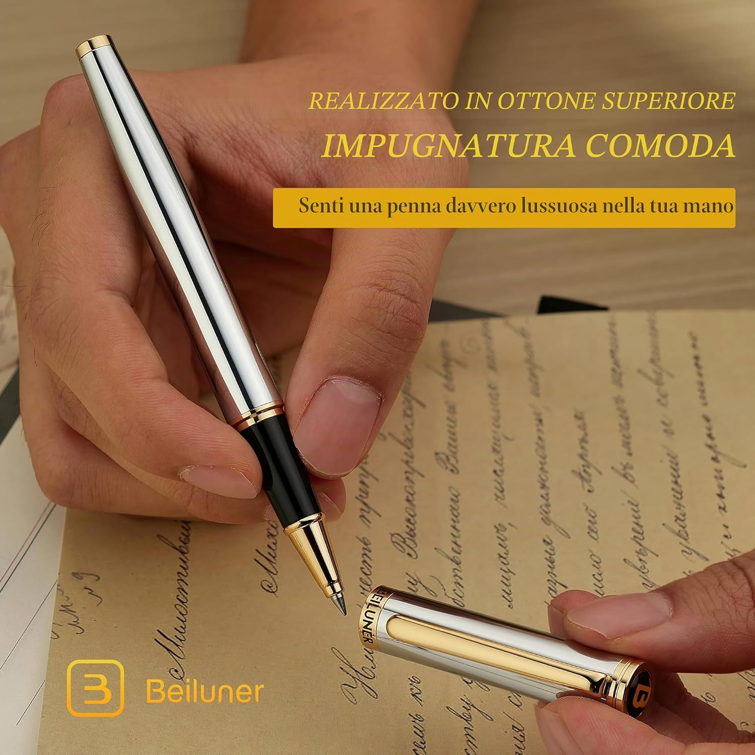 Thumbnail 3 de BEILUNER Penna Rollerball di Lusso con finiture oro 24K (cromo & oro) e ricambio Schneider