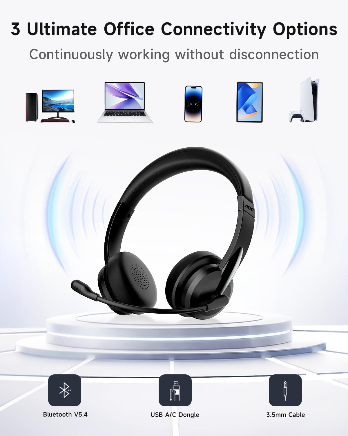Thumbnail 1 de AOC Wireless Headset with Microphone for Work (V5.4) – 40h Battery, AI Noise Cancellation and 3-in-1 Connectivity