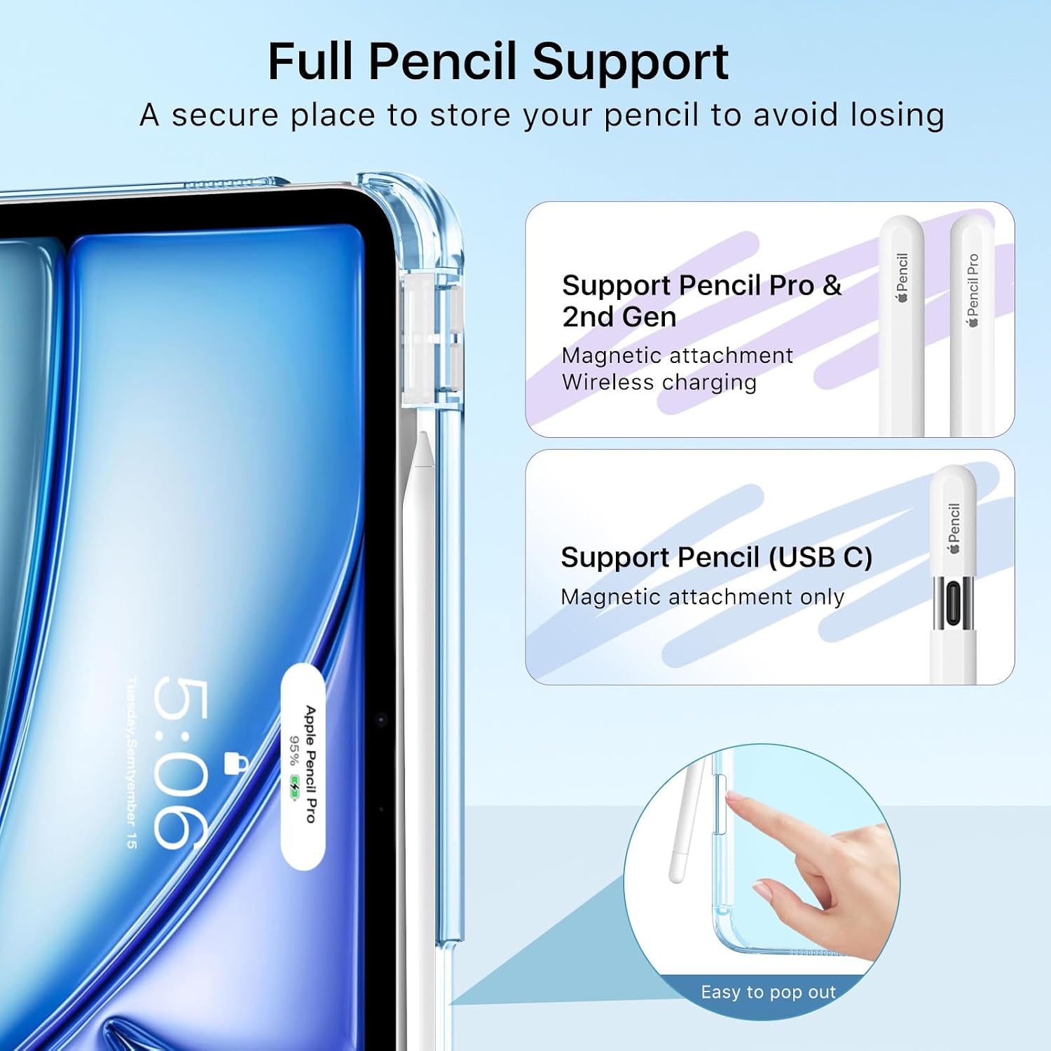 Detalle de MoKo Hülle für iPad Air 11 Zoll (M4/M3/M2) 2026/2025/2024 – Stifthalter, transluzente Rückseite, Himmelblau