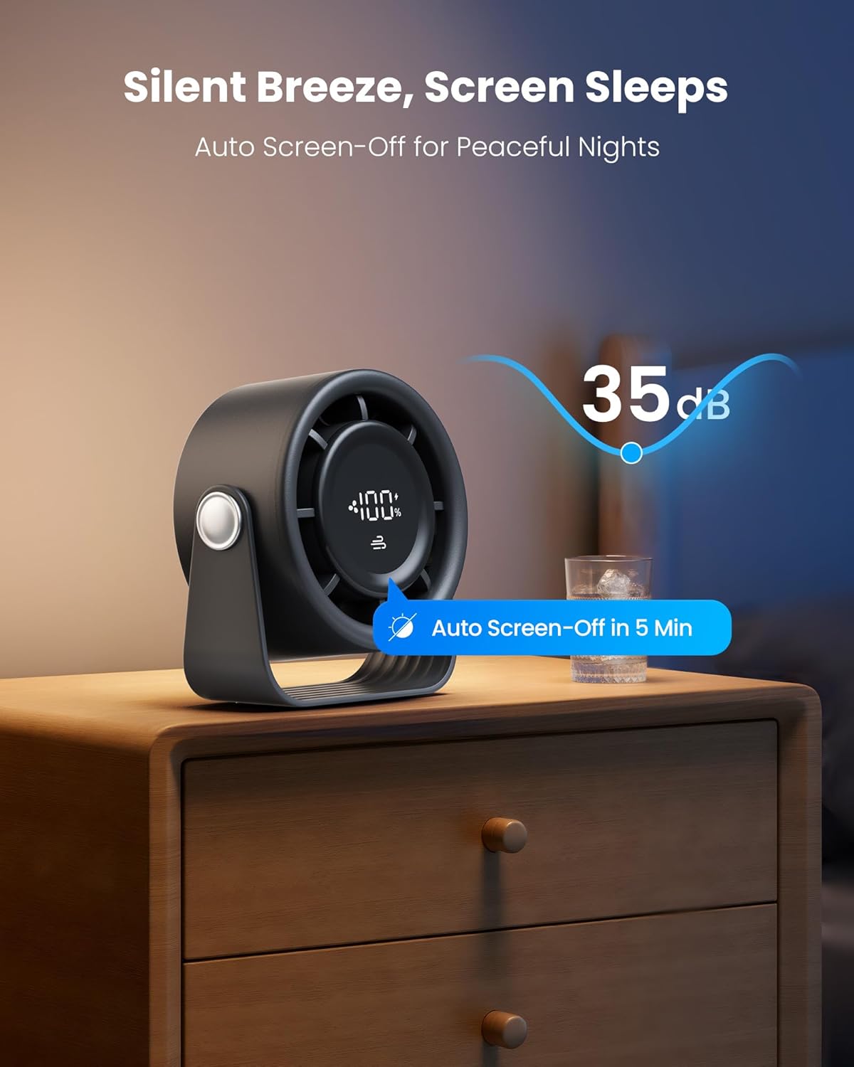 Thumbnail 5 de gaiatop Small Rechargeable Desk Fan (5in) with 4000mAh Battery, Touch Control LED, 360° Tilt, 5 Speeds – Black