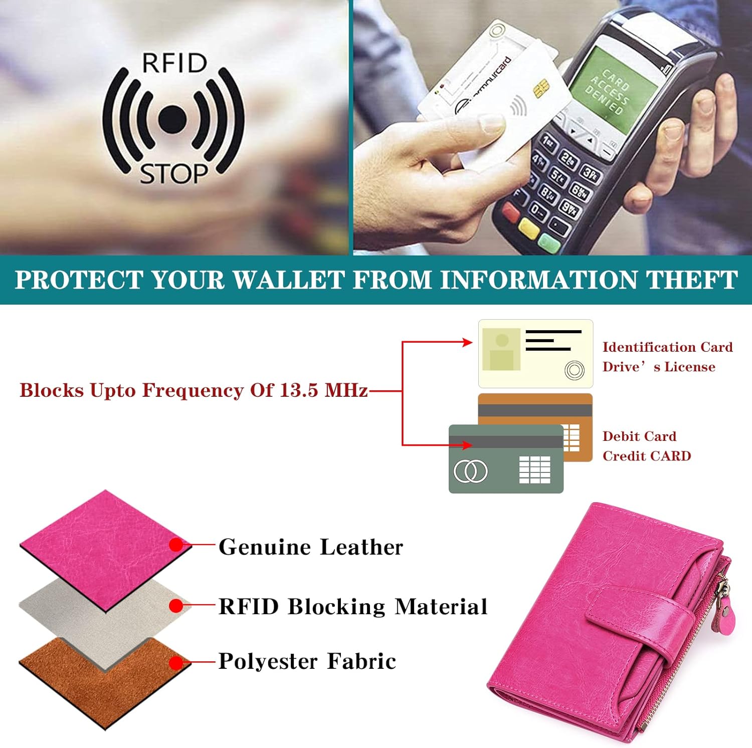 Thumbnail 6 de SENDEFN Women's RFID Blocking Leather Small Compact Bi-fold Wallet with Zipper Pocket