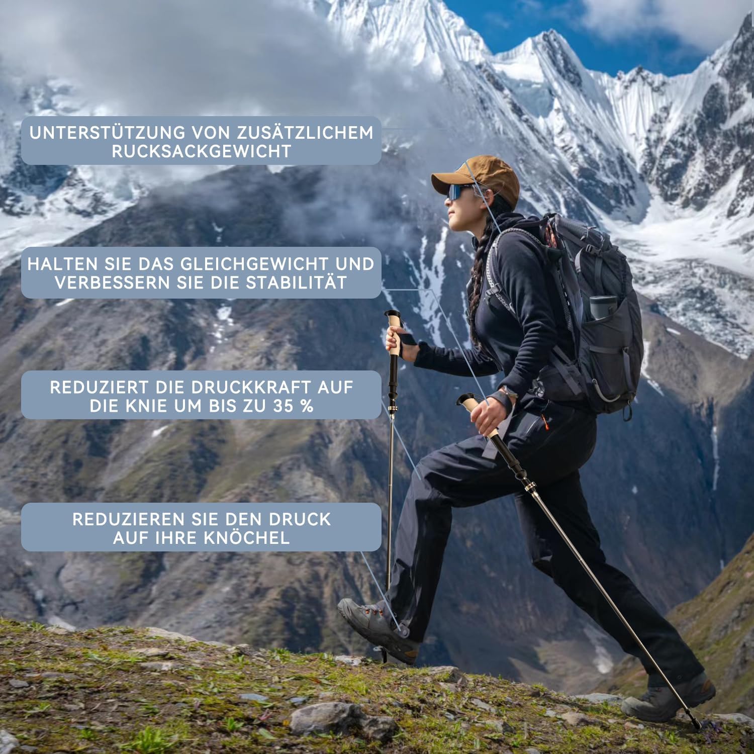 Thumbnail 5 de DOBESTS Wanderstöcke – faltbare Aluminium-Nordic-Walking-Stöcke, 110–130 cm, 300 g, inklusive Gummipuffer und Tragetasche
