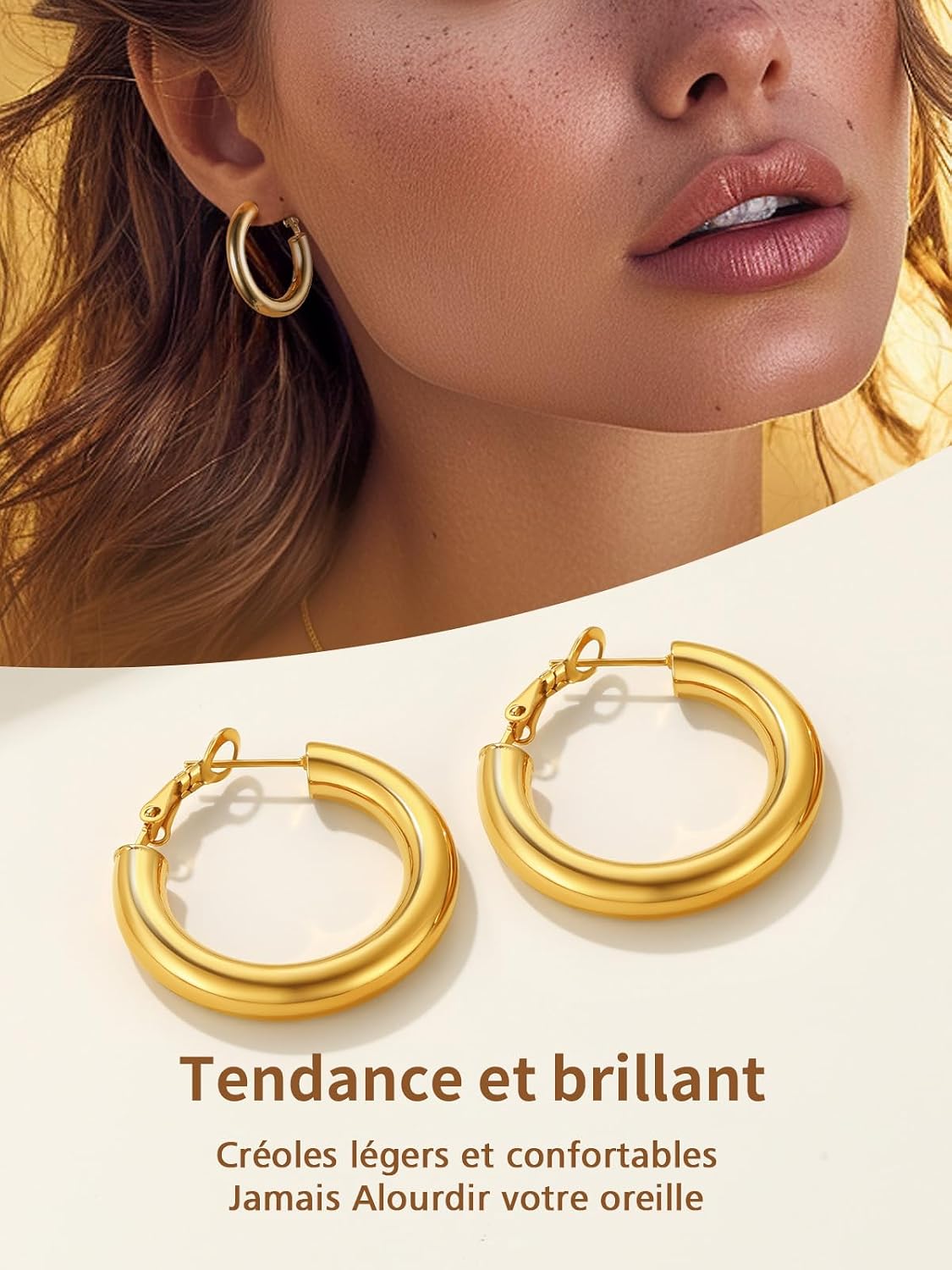Detalle de FindChic Créoles acier inoxydable femme 20/30/40/60/80 mm — argenté, doré ou noir, fermoir à homard