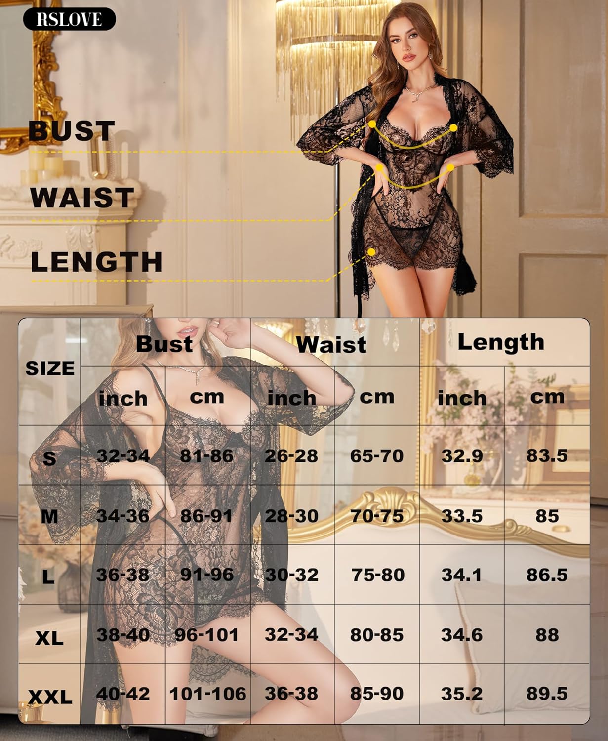 Thumbnail 4 de RSLOVE Women’s Lace Robe Chemise & Matching Panties 3-Piece Set